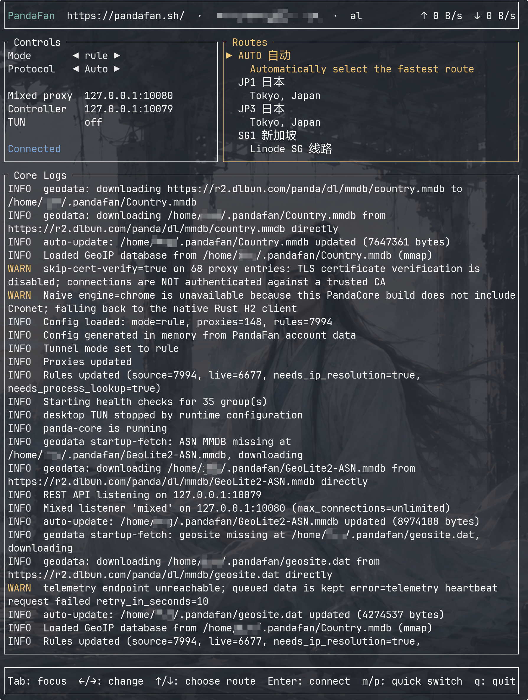 PandaCore 终端界面,Mixed proxy 地址为 127.0.0.1:10080,当前使用 rule 模式